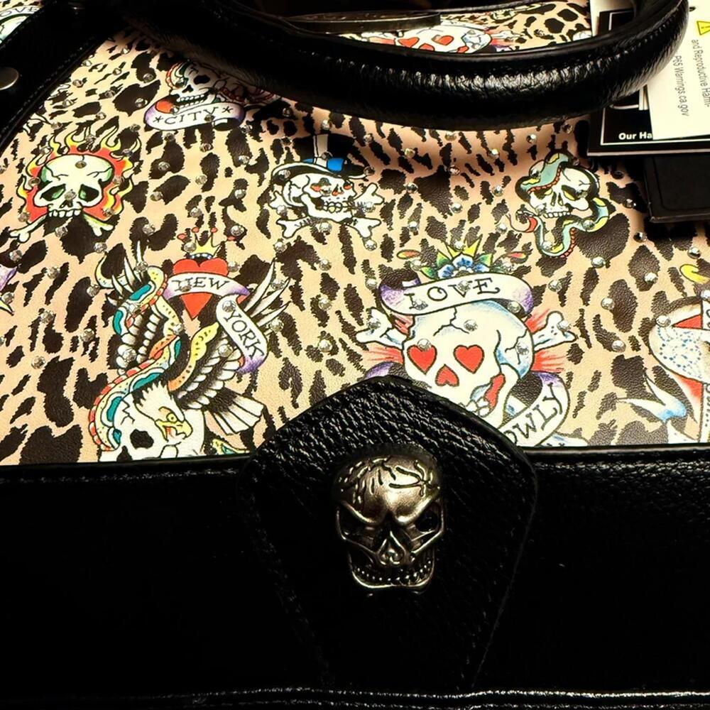 Ed Hardy Leopard Tattoo Skull Rhinestone Satchel Crossbody NWT - Picture 4 of 7